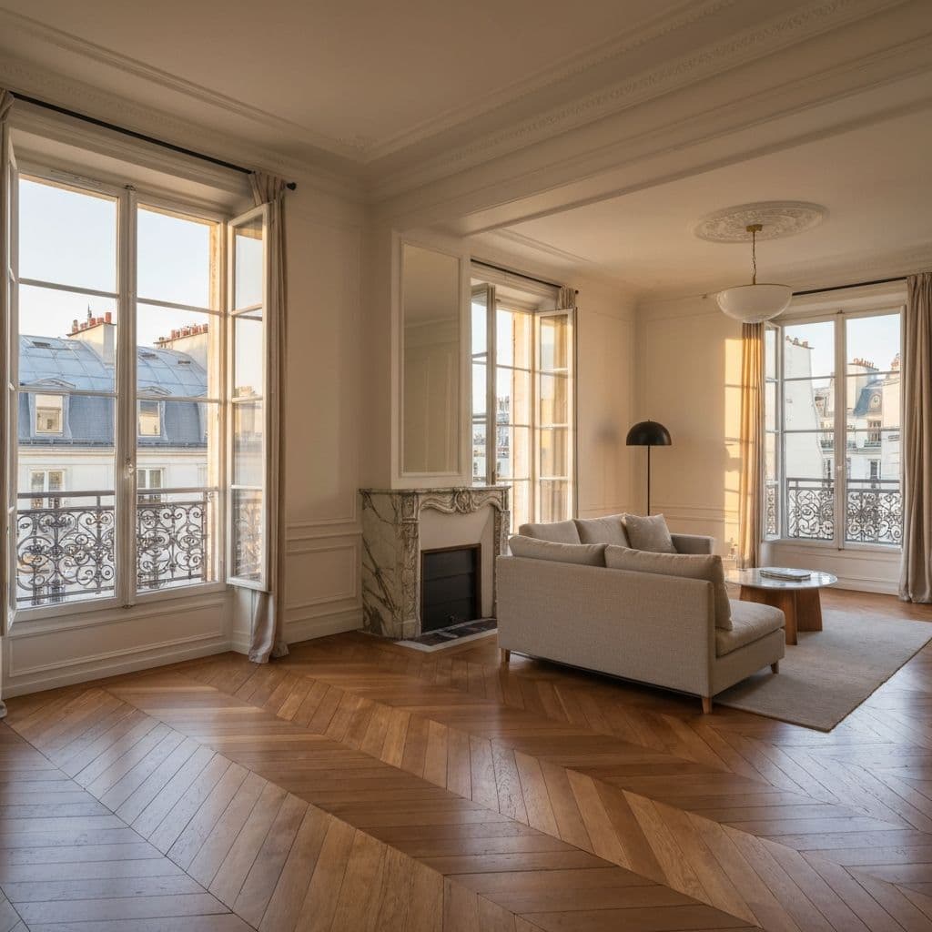 Salon haussmannien lumineux avec fenêtre cintrée