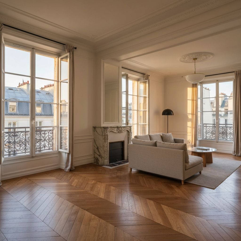 Salon haussmannien lumineux avec fenêtre cintrée